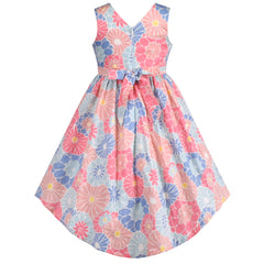 Girls Dress Hi-lo Skirt V Neck A Line Floral Ribbon Bow Tie Sleeveless Size 5-10 Years