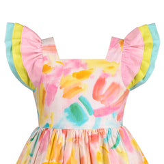 Girls Dress Rainbow Color Tie Dye Square Collar Layered Flare Sleeve Size 4-8 Years