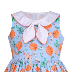 Girls Dress Round Neck Cross Collar Bow Tie Butterfly Lemon Sleeveless Size 4-10 Years