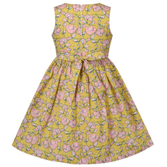 Girls Dress Yellow Pink Floral Ruffle Bow Tie Sweet Cotton Sleeveless Size 4-10 Years
