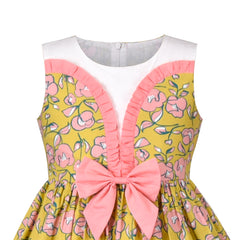 Girls Dress Yellow Pink Floral Ruffle Bow Tie Sweet Cotton Sleeveless Size 4-10 Years