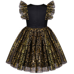 Girls Dress Black Gold Line Shiny Applique Princess Party Flare Sleeve Size 5-10 Years