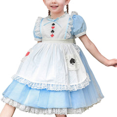 Girls Dress Blue Puffy Skirt Maid Lace Collar Poker Apron Alice Vintage Size 4-8 Years