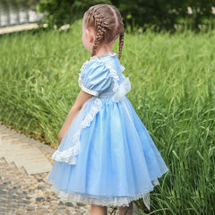 Girls Dress 2 Piece Blue Prairie Colonial Maid Lace Apron Alice Vintage Size 4-8 Years