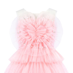 Flower Girls Dress Pink Cake Skirt Pearl Diamond Heart Bodice Backless Size 4-8 Years