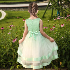 Flower Girls Dress Light Green Layer Ribbon Trim Mesh Skirt Wedding Size 6-12 Years
