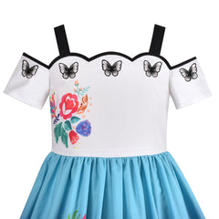 Girls Dress Scallop Trim Off Shoulder Floral Embroidery Butterfly Ocean Size 4-8 Years