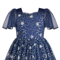 Girls Dress Blue Sequin Ruffle Collar Maxi Bow Tie Flare Short Sleeve Size 6-12 Years