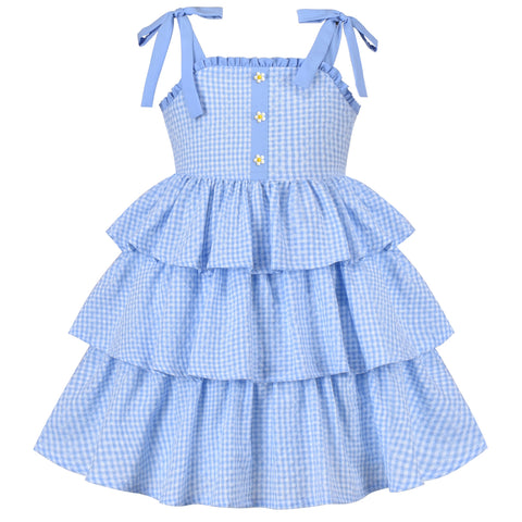 Girls Dress Spaghetti Ruffle Blue Plaid Cake Layer Cotton Sleeveless Size 4-8 Years