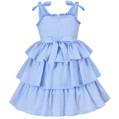 Girls Dress Spaghetti Ruffle Blue Plaid Cake Layer Cotton Sleeveless Size 4-8 Years