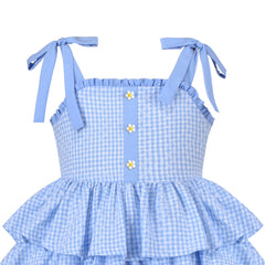 Girls Dress Spaghetti Ruffle Blue Plaid Cake Layer Cotton Sleeveless Size 4-8 Years