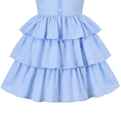 Girls Dress Spaghetti Ruffle Blue Plaid Cake Layer Cotton Sleeveless Size 4-8 Years