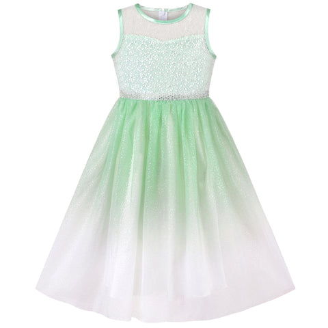 Girls Dress Gradient Green Lace Embroidery Bodice Glitter Sleeveless Size 6-12 Years