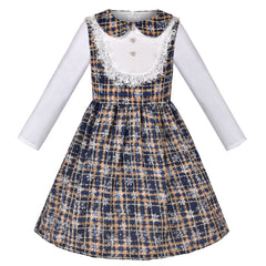 Girls Dress Christmas New Year Snow Flake Plaid Pearl Button Tweed Size 6-12 Years