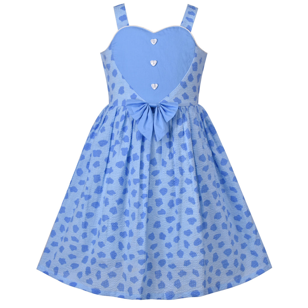 Girls Dress Spaghetti Heart Bodice Blue Bow Tie Jacquard Bubble Cotton Size 6-12 Years