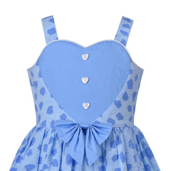 Girls Dress Spaghetti Heart Bodice Blue Bow Tie Jacquard Bubble Cotton Size 6-12 Years