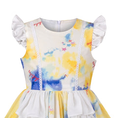 Girls Dress Princess Layered Ruffle Tie Dye Printing Flutter Sleeve White Size 6-12 Years