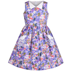 Girls Dress Summer Vintage Floral Pocket Pointed Collar Sleeveless Size 4-10 Years