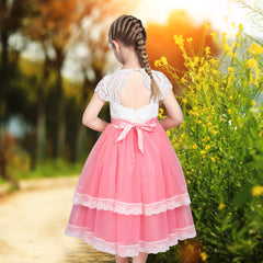 Flower Girls Dress Lace Pink Princess Hollow Back Layered Ribbon Bow Tie Size 6-12 Years