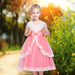 Flower Girls Dress Lace Pink Princess Hollow Back Layered Ribbon Bow Tie Size 6-12 Years