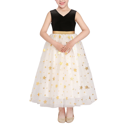 Girls Dress Christmas Vintage V-neck Hollow Back Gold Star Bow Tie Size 6-12 Years