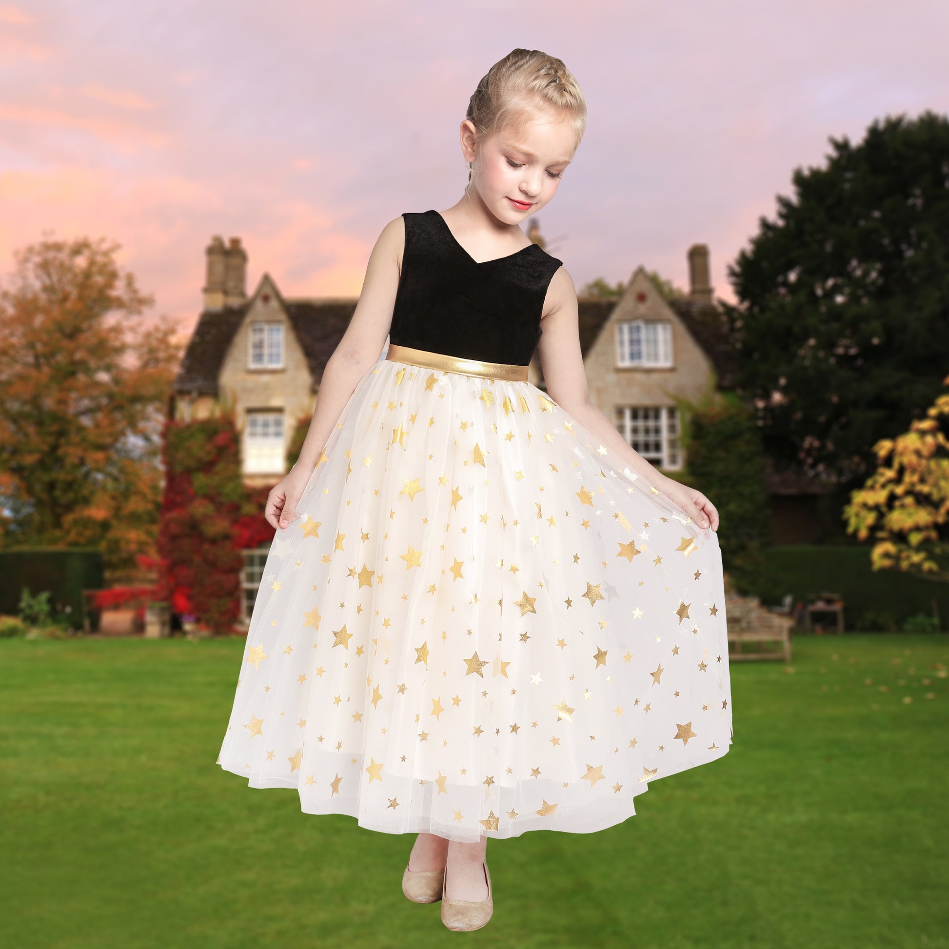 Girls Dress Christmas Vintage V-neck Hollow Back Gold Star Bow Tie Sunny Fashion Girls Dress Christmas Vintage V-neck Hollow Back Gold Star Bow Tie Sunny Fashion