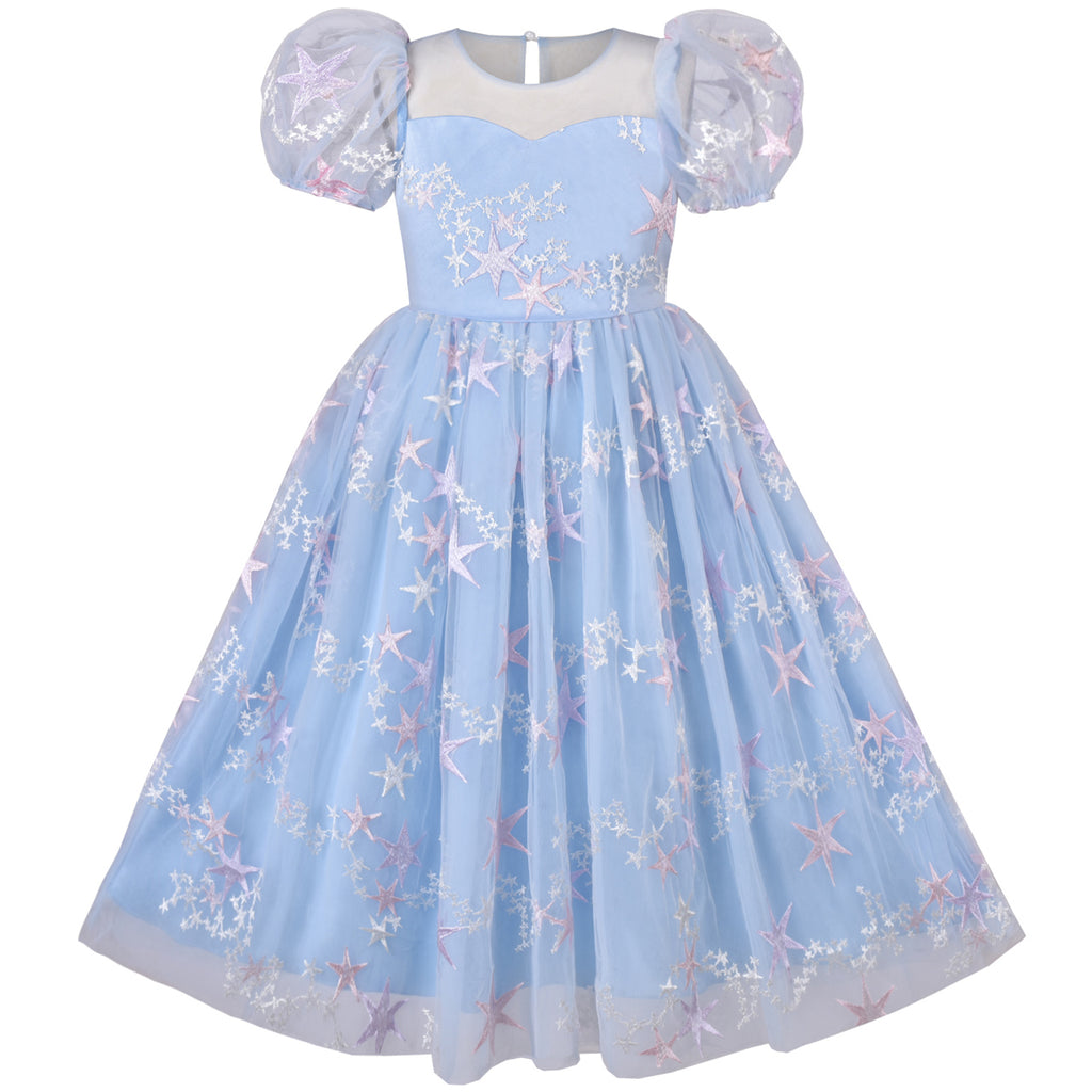 Girl Dress Tulle Ice Blue Embroidered Star Party Princess Pageant Size 6-12 Years