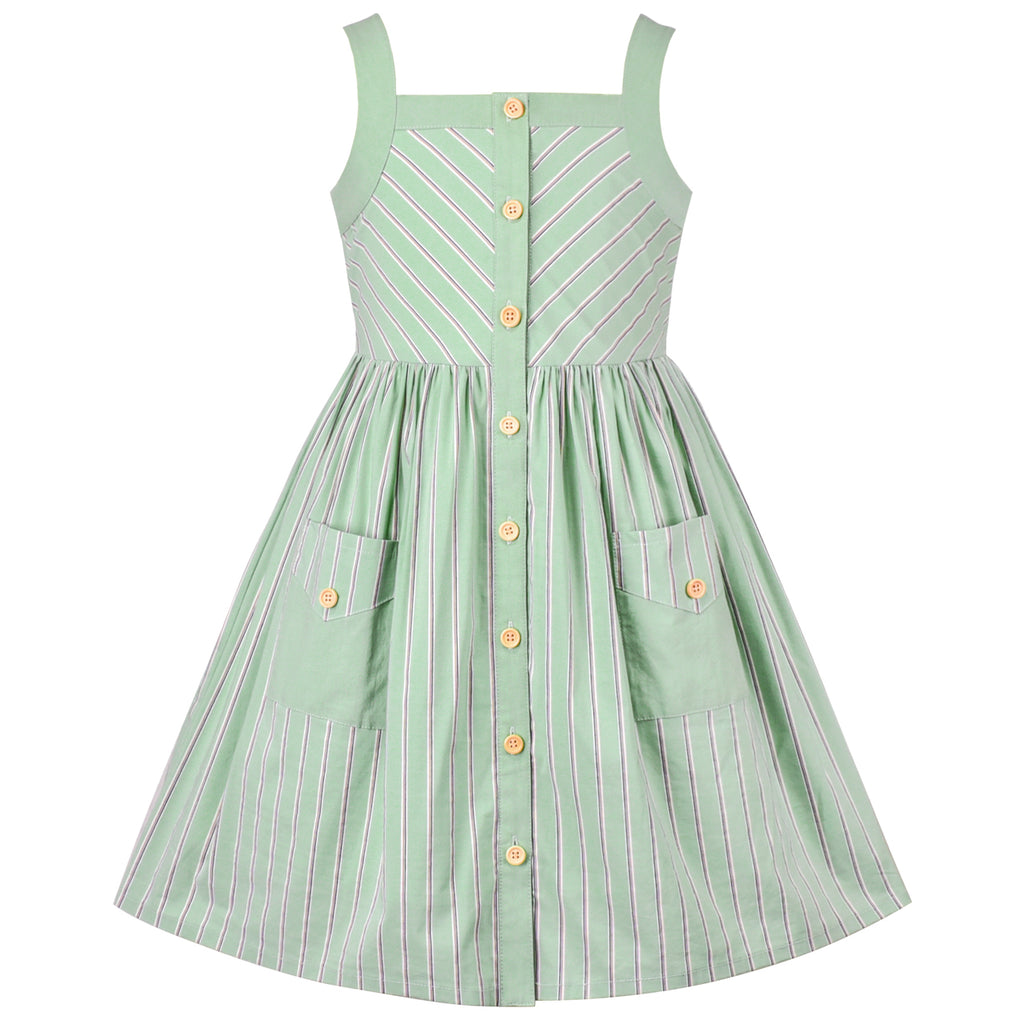 Girl Dress Green Striped Button Pockets Everyday Sundress Size 5-10 Years