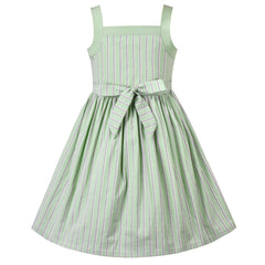 Girl Dress Green Striped Button Pockets Everyday Sundress Size 5-10 Years
