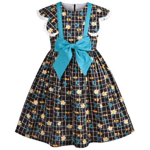 Girls Dress Plaid Flower Butterfly Bow Tie Vintage Ruffle Sleeveless Size 4-8 Years