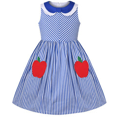 Girl Dress Sleeveless Blue Apple Embroidery Striped Sundress Size 4-10 Years