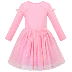 Girls Dress Pink Shiny Sequin Fireworks Tulle Long Sleeve Size 6-12 Years