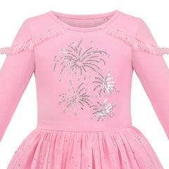 Girls Dress Pink Shiny Sequin Fireworks Tulle Long Sleeve Size 6-12 Years