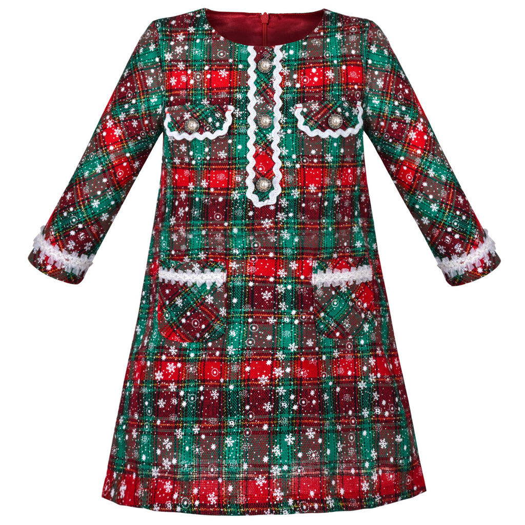 Girls Dress Red Christmas Snow Plaid Pearl New Year Tweed Long Sleeve Size 4-8 Years