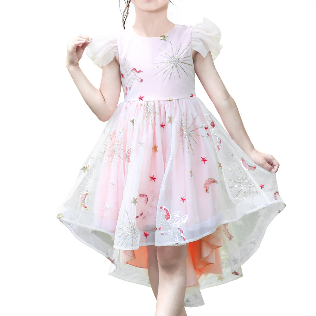 Girl Dress Pink Tulle Sequin Unicorn Star Moon Party Ruffle Short Sleeve Size 6-12 Years