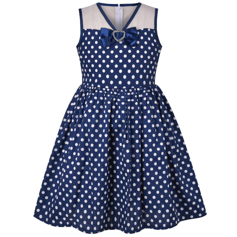 Girl Dress Royal Navy Blue Polka Dot Bow Tie Sleeveless School Everyday Size 5-10 Years