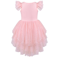 Girls Dress Pink Glitter Wedding Hi-low Pearl Layered Tulle Tutu Dancing Size 3-7 Years