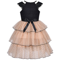 Girl Dress Beige Black Vintage Cake Layered Tulle Party Polka Dot Halter Size 6-12 Years