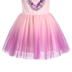 Girls Dress Pink Gradient Shiny Heart Sequin Tutu Valentine Short Sleeve Size 4-8 Years