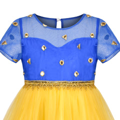 Girl Dress Yellow Blue Ethnic Pattu Pavadai Short Sleeve Size 6-12 Years