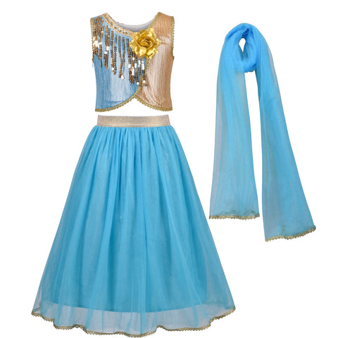 Girl Dress Blue Gold 3 Piece Tutu Sequin Ethnic Lehenga Choli Duppata Size 6-12 Years