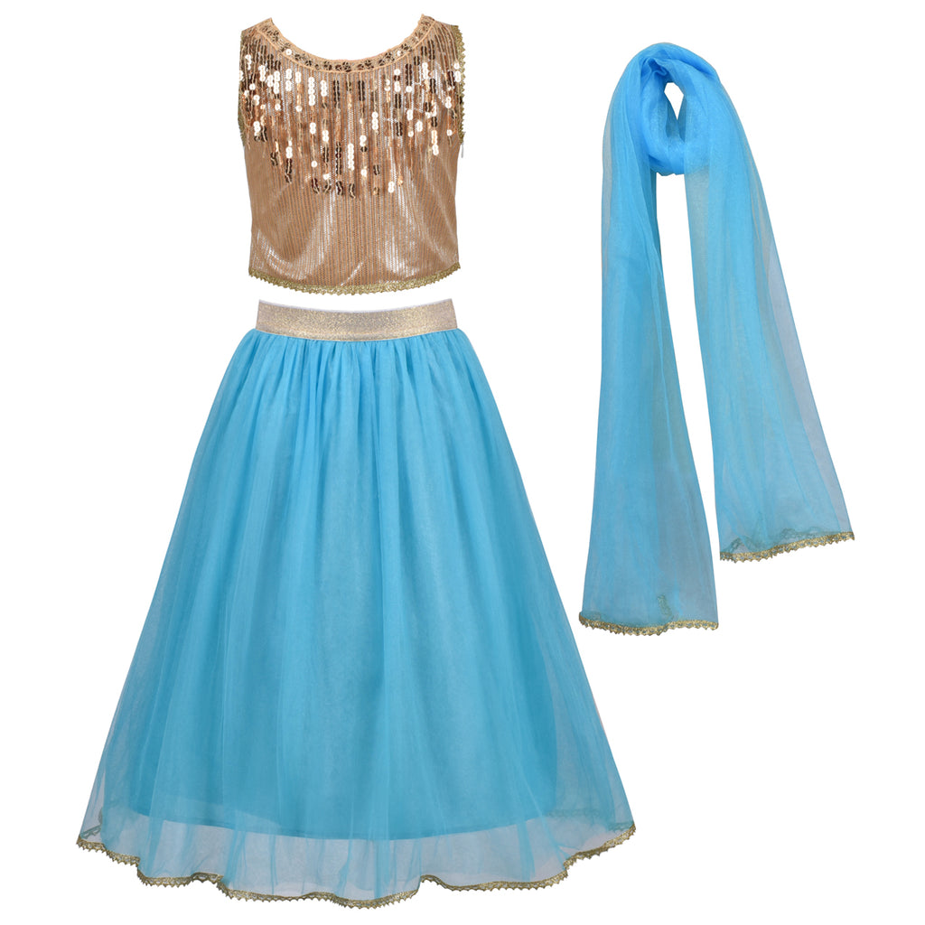 Girl Dress Blue Gold 3 Piece Tutu Sequin Ethnic Lehenga Choli