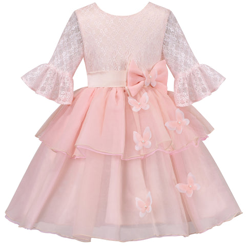 Flower Girls Dress Pink Lace Butterfly Backless Party Long Flare Sleeve Size 5-10 Years