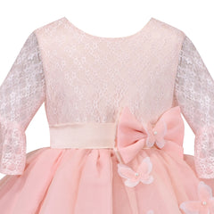 Flower Girls Dress Pink Lace Butterfly Backless Party Long Flare Sleeve Size 5-10 Years