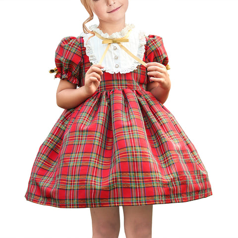 Girls Dress Red Plaid Check White Vintage Pearl Button Christmas Size 4-8 Years