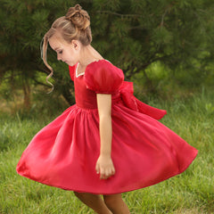 Girls Dress Red Organza Pearl Bridesmaid Pageant Party Wedding Christmas Size 5-10 Years