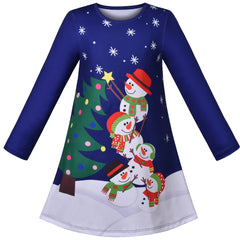 Girls Dress Blue Christmas Tree Snowman Printed Casual Party Size 3-7 Years