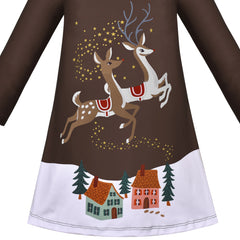 Girls Dress Coffee Brown Christmas Elk Reindeer Casual Long Sleeve Size 3-7 Years