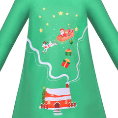 Girls Dress Green Christmas Reindeer Santa Claus Gift Chimney Size 3-7 Years