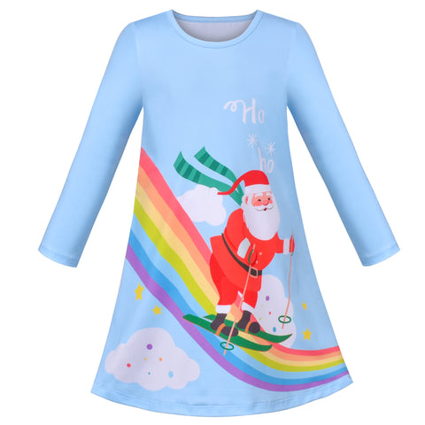 Girls Dress Blue Christmas Rainbow Santa Claus Skiing Snow New Year Size 3-7 Years